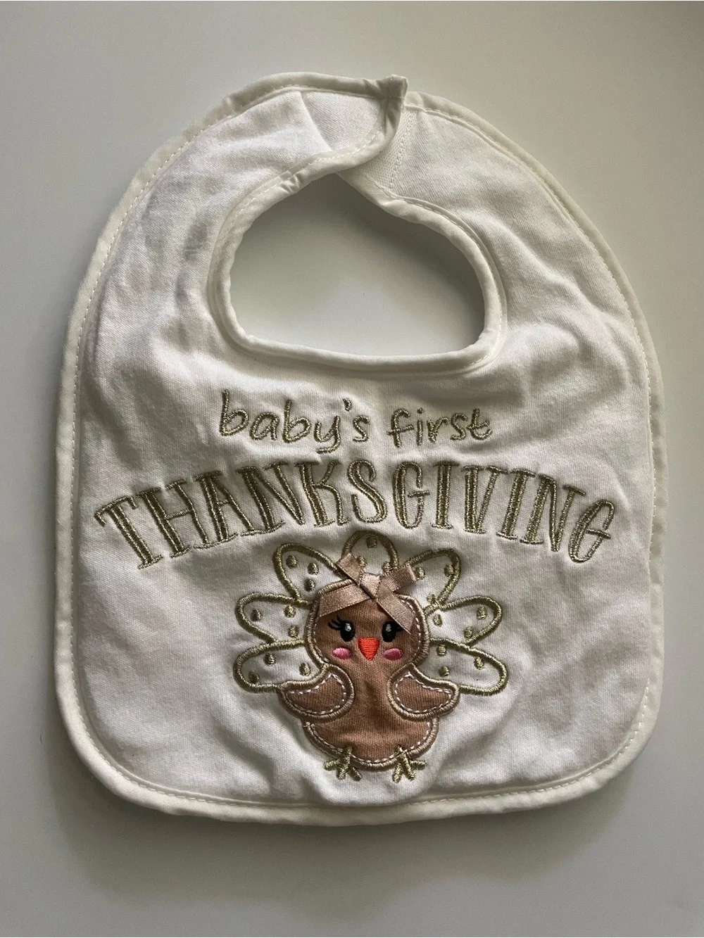 Baby's First Thanksgiving Embroidered Turkey Bib - White and Brown